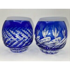 Bohemian Cobalt Blue Cut To Clear Crystal Votive Candle Holders Lot Of 2